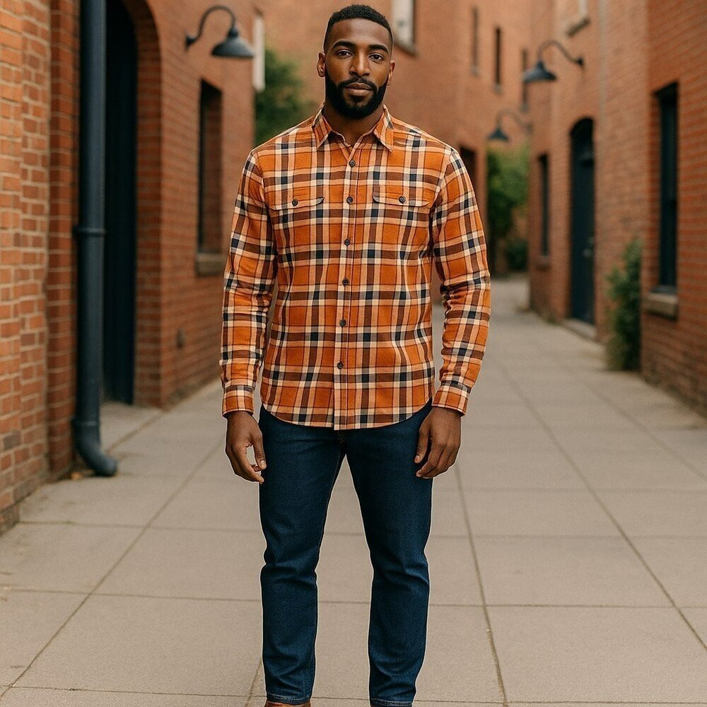 Eddie Bauer Mens Large Orange Plaid Classic Fit Long Sleeve Button Up Shirt Sz L